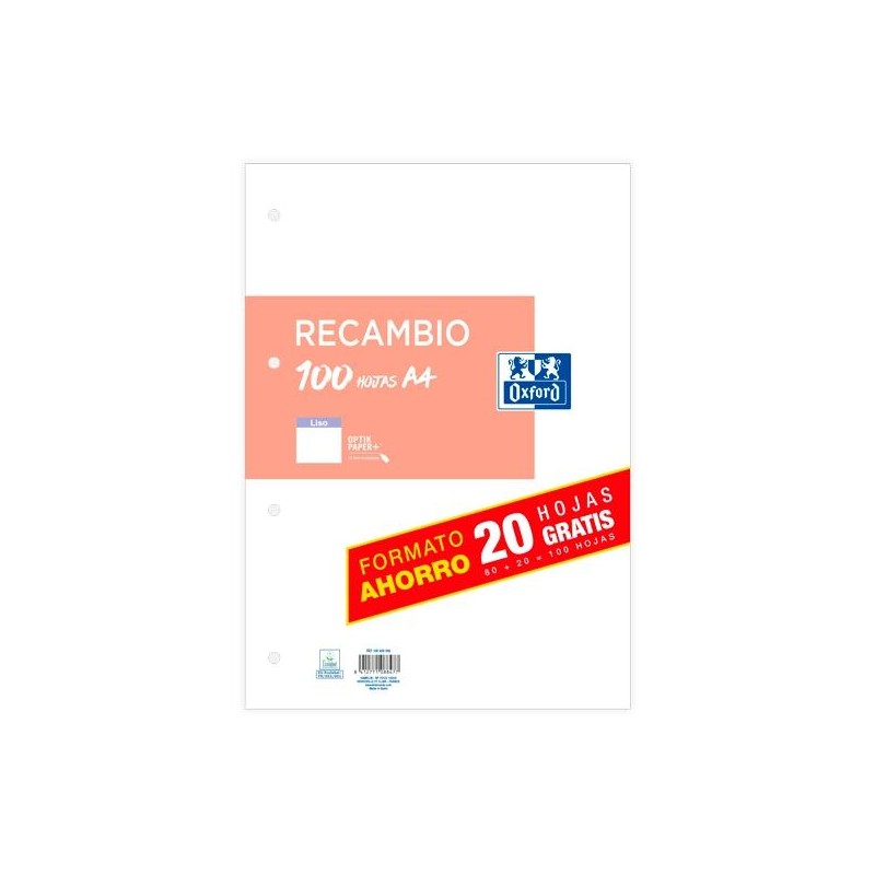 OXFORD RECAMBIO PAQUETE A4 80H + 20H GRATIS LISO