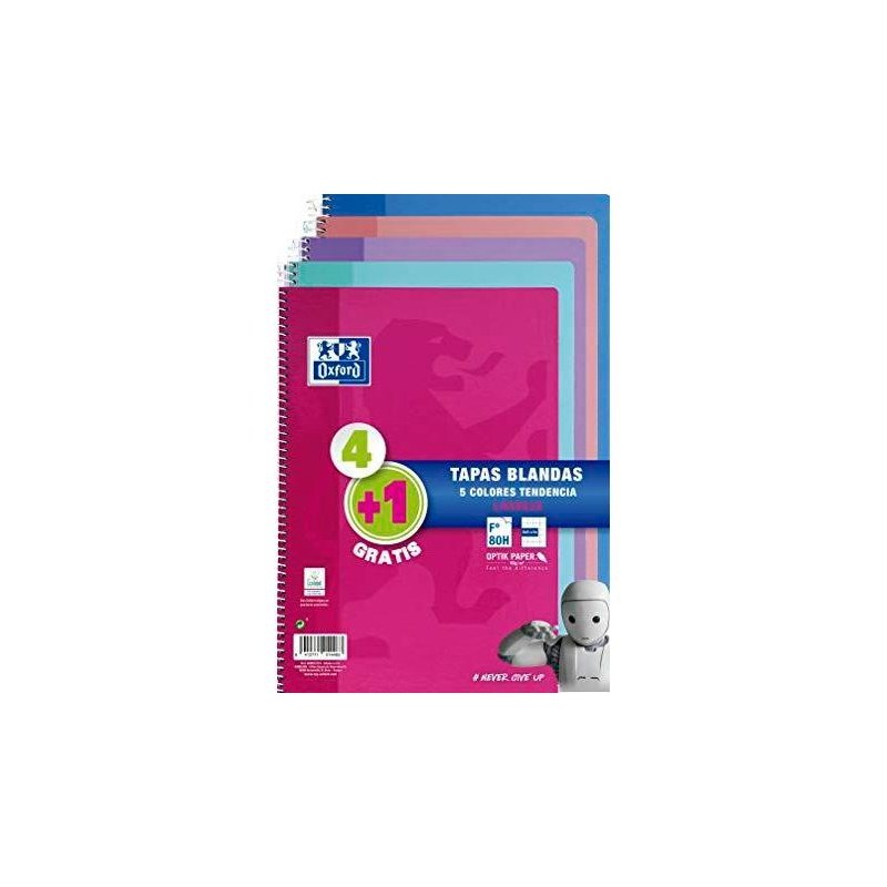 OXFORD CUADERNO ESPIRAL 80H FOLIO 4X4M C/MARGEN TAPA BLANDA PACK 4+1 UD C/SURTIDOS TENDENCIA