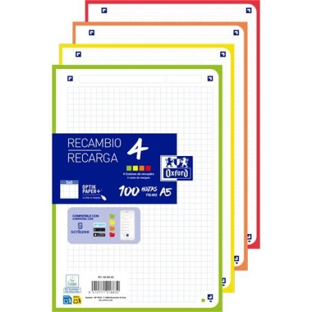 OXFORD RECAMBIO PAQUETE 100 HOJAS SUELTAS 6 TALADROS A5 5X5 4 COLORES VIVOS