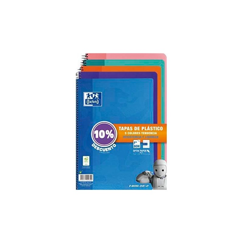 OXFORD CUADERNO ESPIRAL 80H FOLIO 4X4MM C/MARGEN TAPA DE PLÁSTICO PACK 5 UD (10% DTO) C/SURTIDOS TENDENCIA