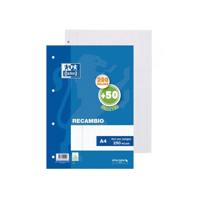 OXFORD RECAMBIO 200H + 50H A4 SUELTAS 90GR 4X4MM C/MARGEN 4 TALADROS