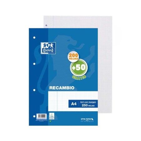 OXFORD RECAMBIO 200H + 50H A4 SUELTAS 90GR 4X4MM C/MARGEN 4 TALADROS