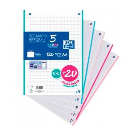 OXFORD RECAMBIO CLASSIC 100H + 20H GRATIS A4 SUELTAS 90GR 5X5MM 4 TALADROS 5 BANDAS COLORES PASTEL