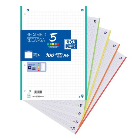 OXFORD RECAMBIO CLASSIC 100H + 20H GRATIS A4 SUELTAS 90GR 5X5MM 4 TALADROS 5 BANDAS COLORES VIVOS