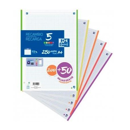 OXFORD RECAMBIO 200 + 50 HOJAS GRATIS A4 MICROPERFORADAS 4 CUADRÍCULA 5X5MM 90GR 5 BANDAS COLORES VIVOS