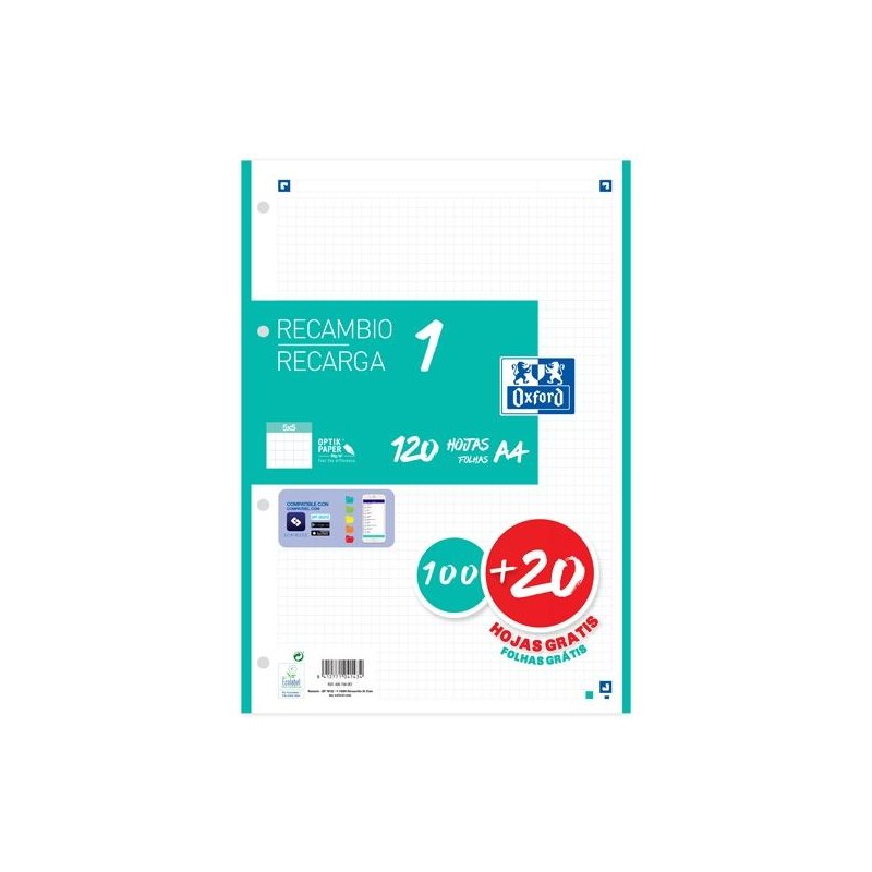 OXFORD RECAMBIO CLASSIC 120 HOJAS A4 SUELTAS 90GR 5X5MM 4 TALADROS 1 BANDA COLOR ICE MINT