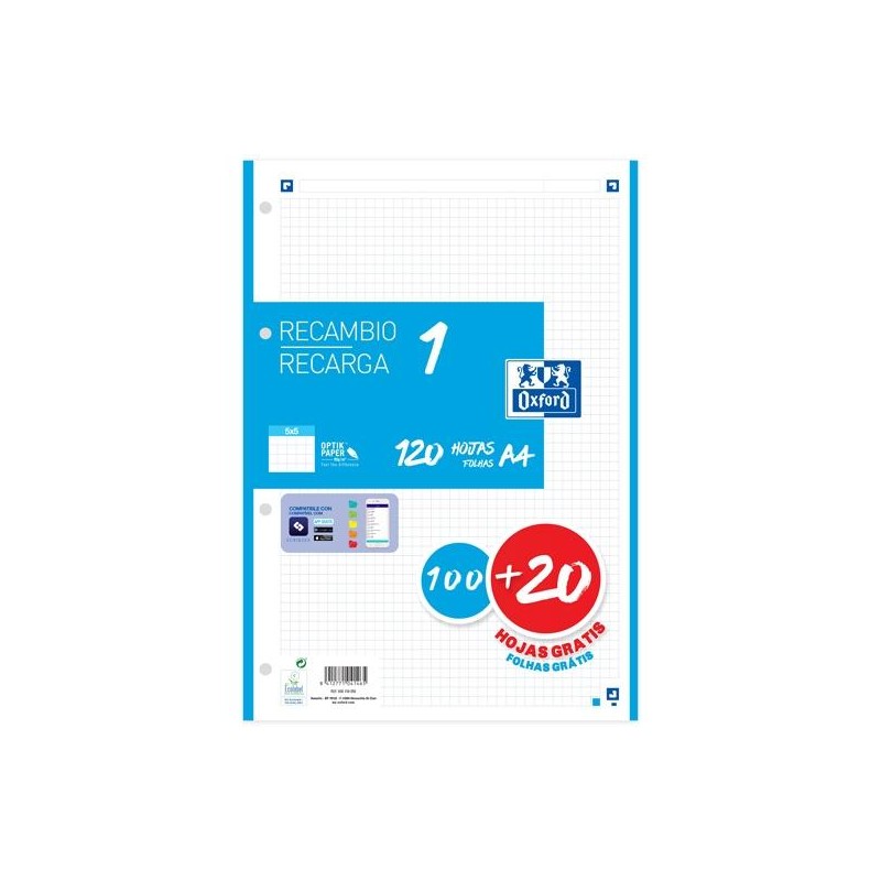 OXFORD RECAMBIO CLASSIC 120 HOJAS A4 SUELTAS 90GR 5X5MM 4 TALADROS 1 BANDA COLOR AZUL TURQUESA