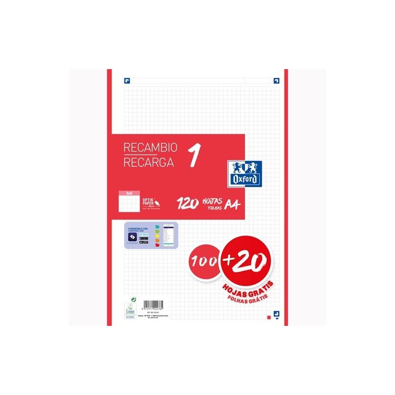 OXFORD RECAMBIO CLASSIC 120 HOJAS A4 SUELTAS 90GR 5X5MM 4 TALADROS 1 BANDA COLOR ROJO