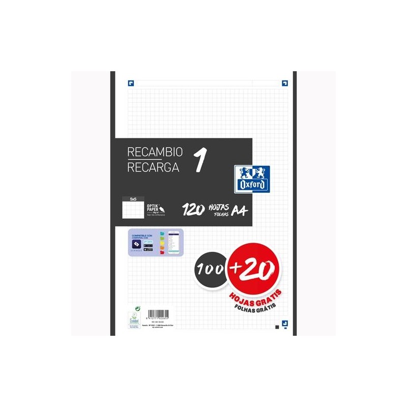 OXFORD RECAMBIO CLASSIC 120 HOJAS A4 SUELTAS 90GR 5X5MM 4 TALADROS 1 BANDA COLOR NEGRO