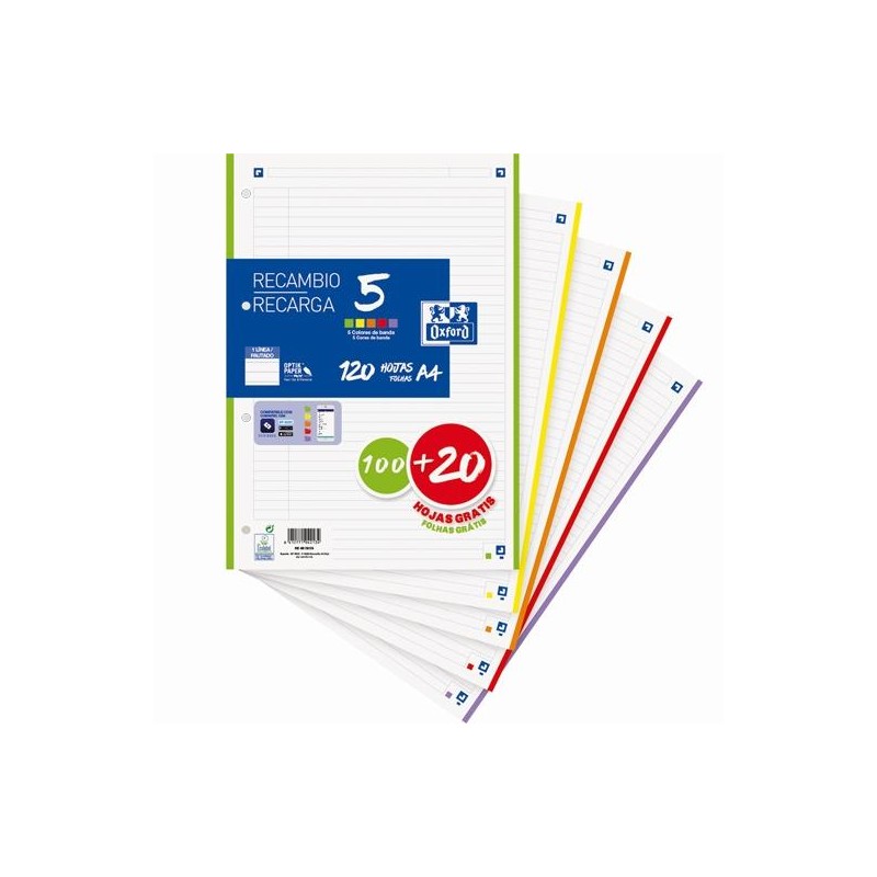 OXFORD RECAMBIO 100H + 20H GRATIS A4 SUELTAS 90GR 1 LÍNEA 4 TALADROS 5 BANDAS COLORES VIVOS
