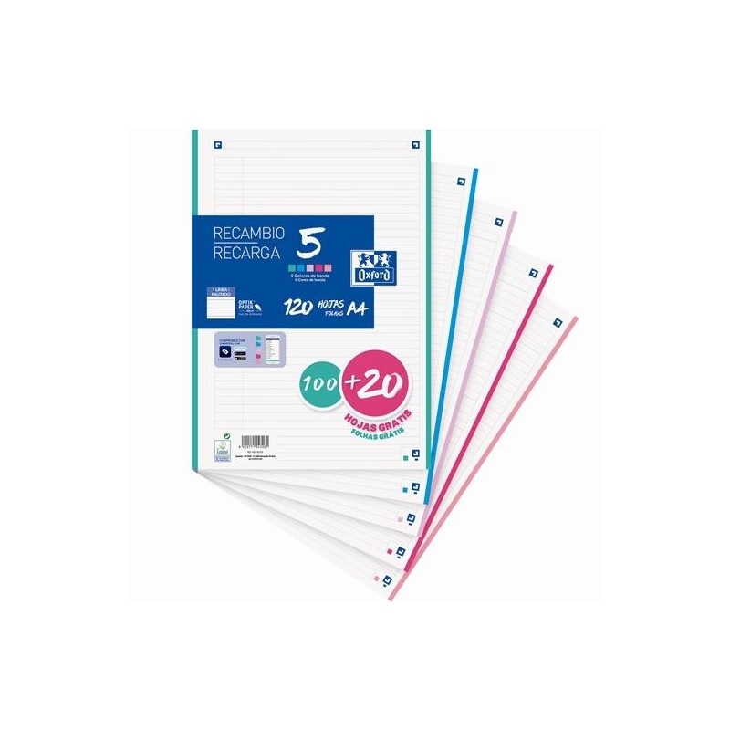 OXFORD RECAMBIO CLASSIC 100H + 20H GRATIS A4 SUELTAS 90GR 1 LÍNEA 4 TALADROS 5 BANDAS COLORES PASTEL