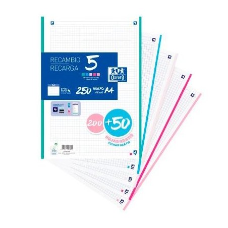 OXFORD RECAMBIO CLASSIC 200+50H GRATIS A4 SUELTAS 90GR 5X5MM 4 TALADROS 5 BANDAS COLORES PASTEL