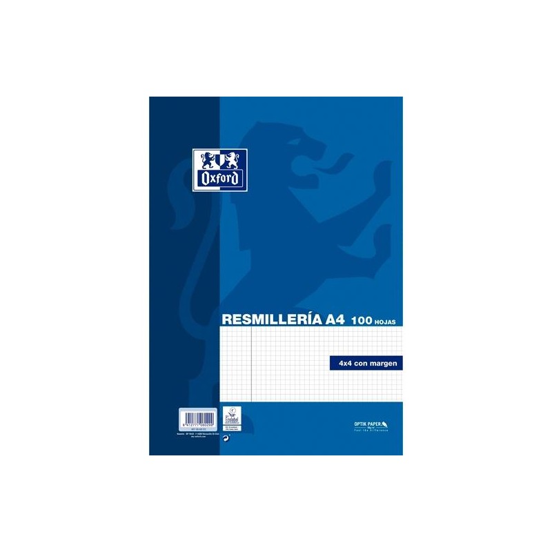 OXFORD RECAMBIO CLASSIC 100H A4 SUELTAS 90GR 4X4MM C/MARGEN AZUL