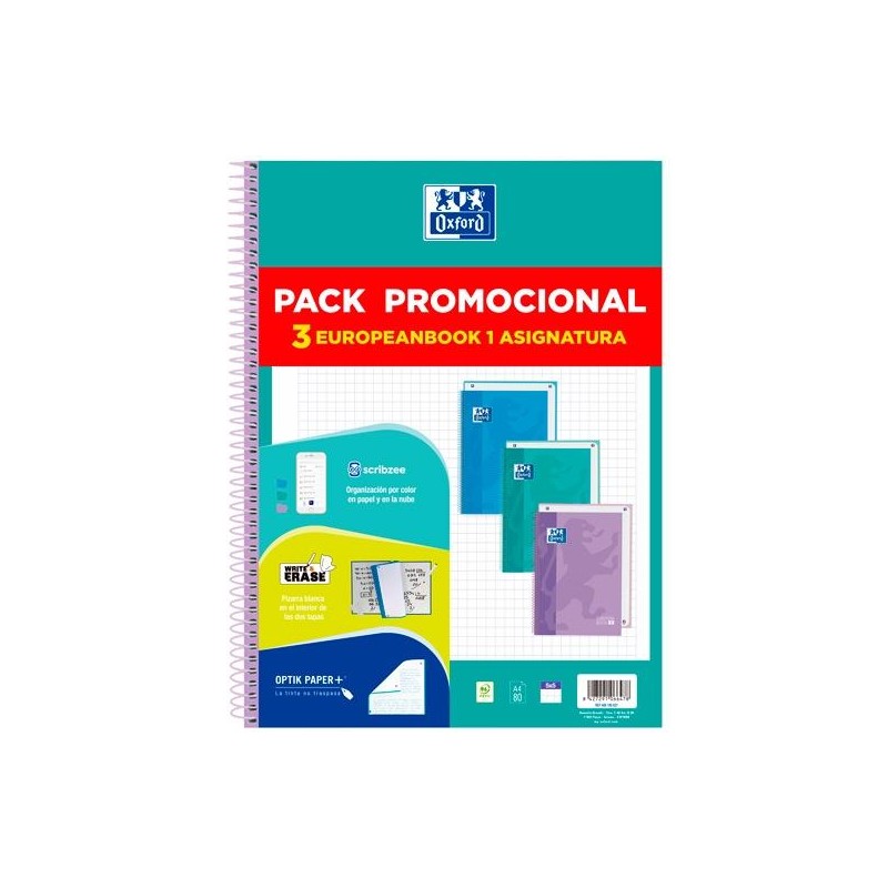 OXFORD CUADERNO EUROPEANBOOK 1 TOUCH WRITE&ERASE 80H A4 5X5 T/EXTRADURA C/SURTIDOS PASTEL PACK PROMOCIONAL 3 UD
