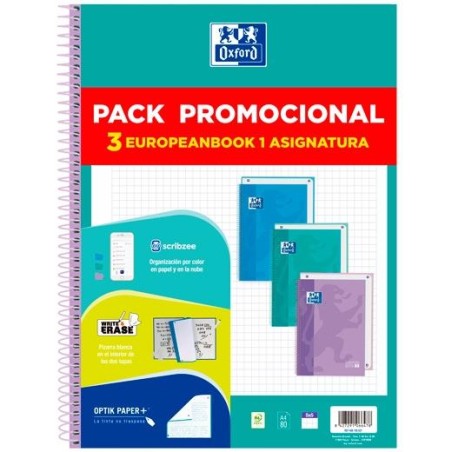 OXFORD CUADERNO EUROPEANBOOK 1 TOUCH WRITE&ERASE 80H A4 5X5 T/EXTRADURA C/SURTIDOS PASTEL PACK PROMOCIONAL 3 UD