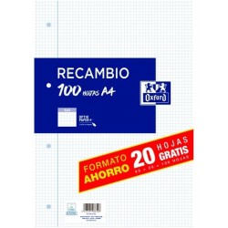 OXFORD RECAMBIO CLASSIC 80H + 20H GRATIS A4 C/ MARGEN 90GR 4X4MM 4 TALADROS
