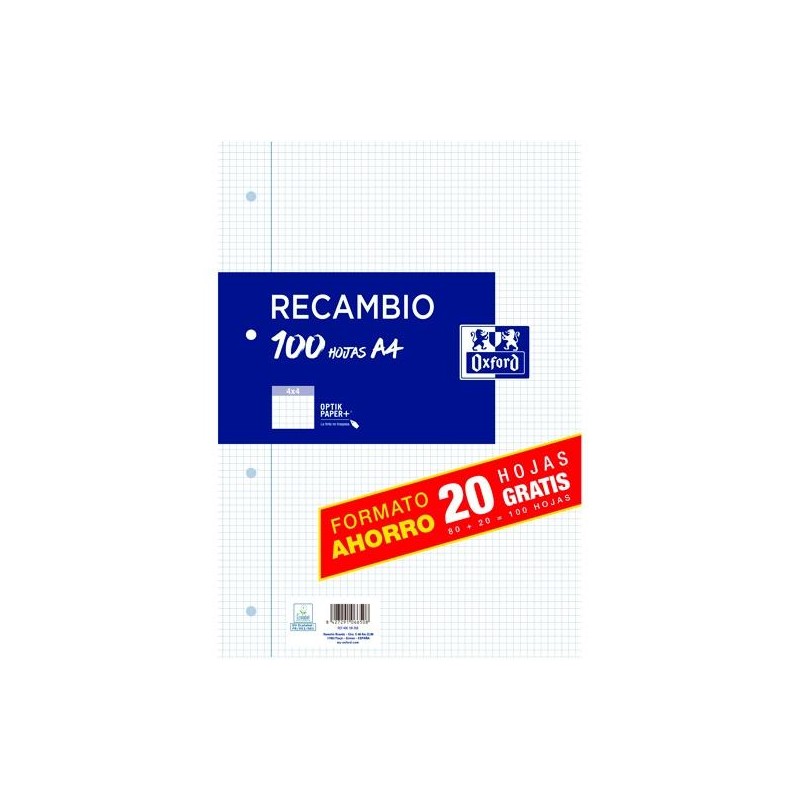 OXFORD RECAMBIO CLASSIC 80H + 20H GRATIS A4 C/ MARGEN 90GR 4X4MM 4 TALADROS