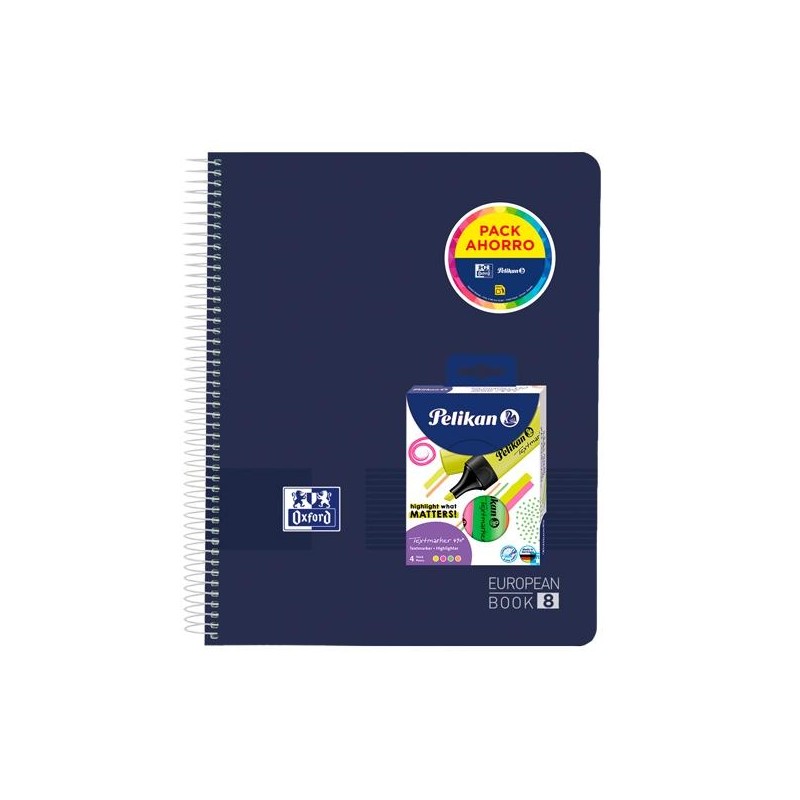 OXFORD PACK CUADERNO EUROPEANBOOK 8 LIVE&GO A4+ 160H 5X5 TAPA PLÁSTICO + 4 RESALTADORES NEÓN SURTIDOS
