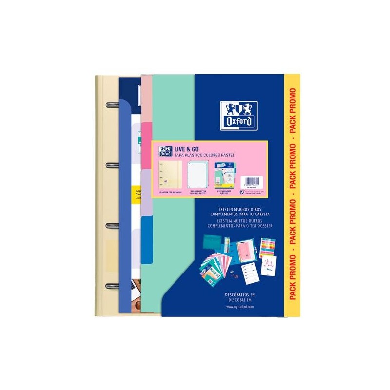 OXFORD EUROPEANBINDER LIVE & GO CARPETA 4 ANILLAS A4 C/RECAMBIO 80H 5X5 C/SEPARADORES POLYFOAM COLORES PASTEL PACK PROMO