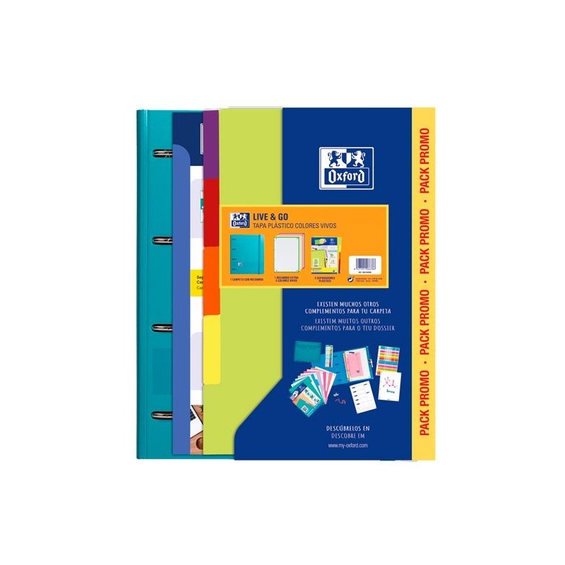 OXFORD EUROPEANBINDER LIVE & GO CARPETA 4 ANILLAS A4 C/RECAMBIO 80H 5X5 C/SEPARADORES POLYFOAM COLORES VIVOS PACK PROMO