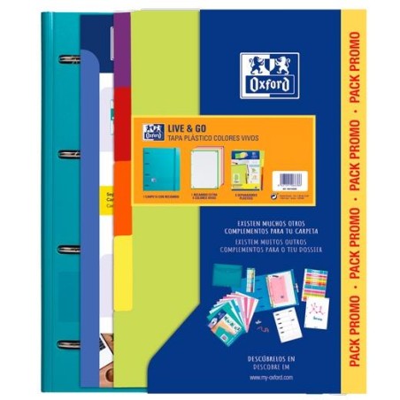 OXFORD EUROPEANBINDER LIVE & GO CARPETA 4 ANILLAS A4 C/RECAMBIO 80H 5X5 C/SEPARADORES POLYFOAM COLORES VIVOS PACK PROMO