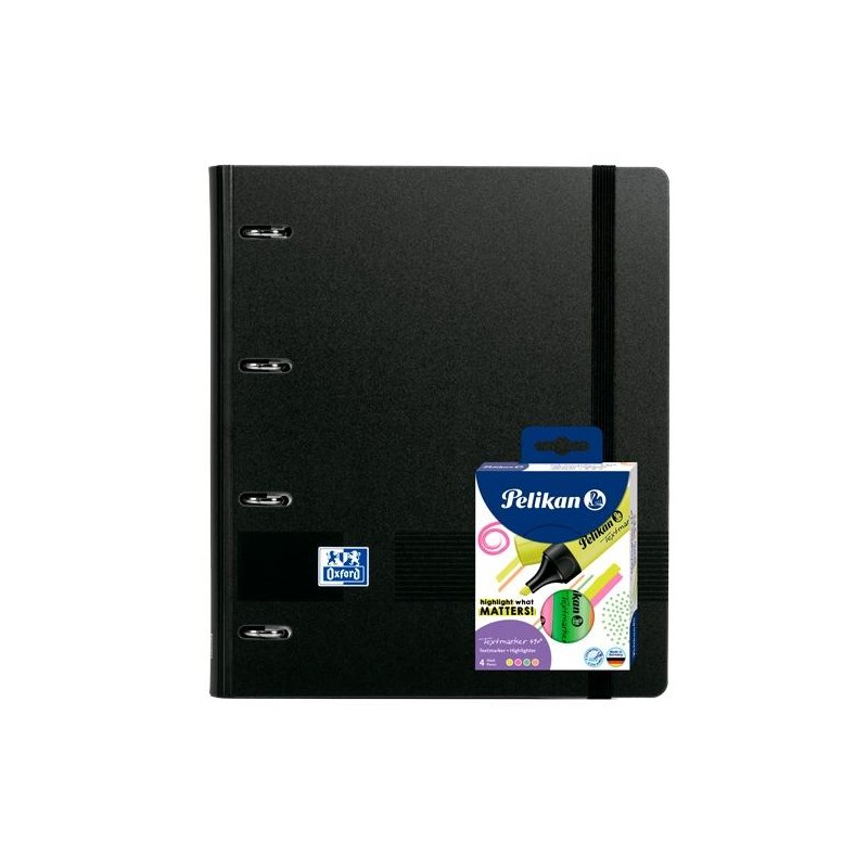 OXFORD PACK EUROPEANBINDER LIVE&GO A4+ CON RECAMBIO 5X5 TAPA PLÁSTICO NEGRA + 4 RESALTADORES TEXTMARKER NEÓN SURTIDOS