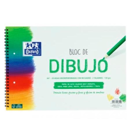 OXFORD BLOC DIBUJO ESCOLAR MULTITALADRO 2 T/ BLANDA ESPIRAL 20H 130GR A4+ C/ RECUADRO BLANCO