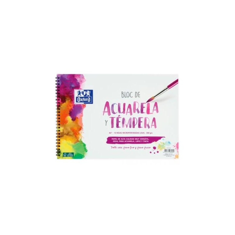 OXFORD BLOC PINTURA ACUARELA Y TÉMPERA 10H 300GR ESPIRAL A4+ LISO BLANCO
