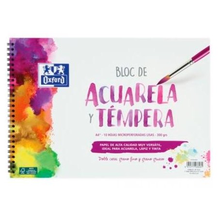 OXFORD BLOC PINTURA ACUARELA Y TÉMPERA 10H 300GR ESPIRAL A4+ LISO BLANCO