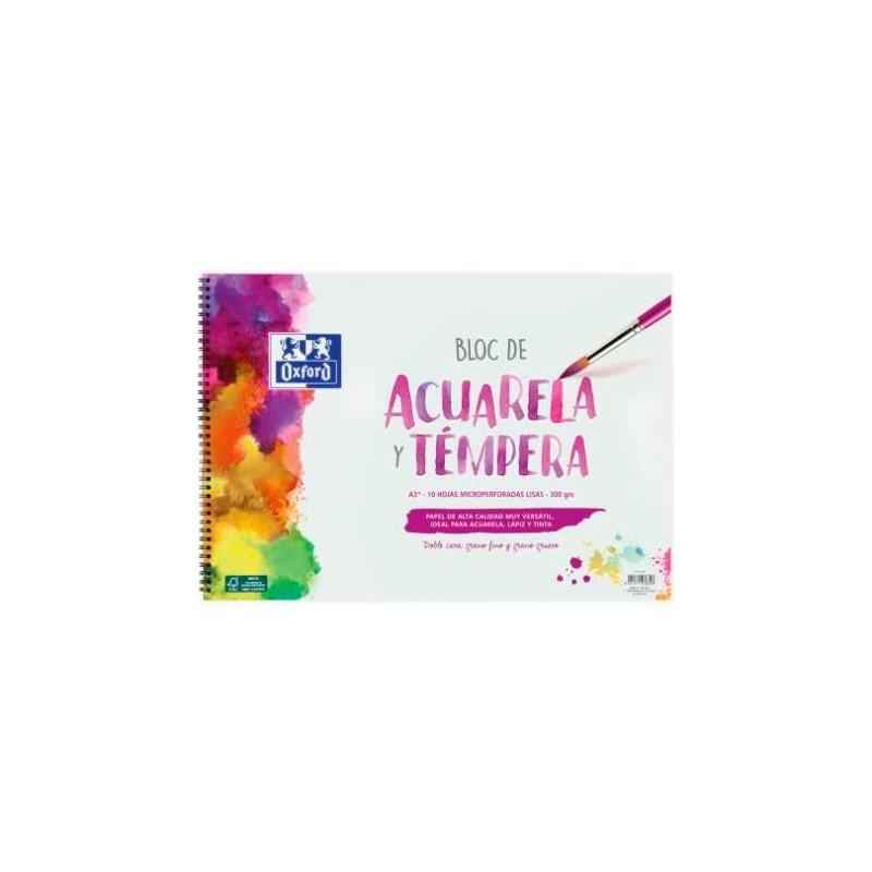 OXFORD BLOC PINTURA ACUARELA Y TÉMPERA 10H 300GR ESPIRAL A3+ LISO BLANCO