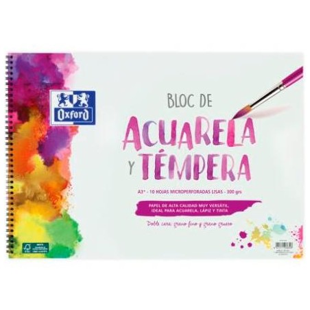 OXFORD BLOC PINTURA ACUARELA Y TÉMPERA 10H 300GR ESPIRAL A3+ LISO BLANCO
